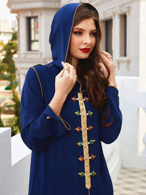 BA305 navy blue gold edge hand-sewn drilled hooded robe ABAYA Muslim Middle East Southeast Asia women's clothing