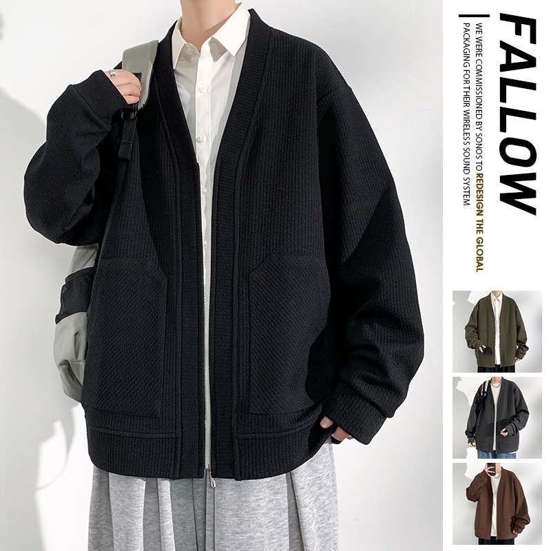 Primavera y otoño estilo de moda suelto sin cuello Cardigan chaqueta de color sólido chaqueta casual camiseta de punto de hombre