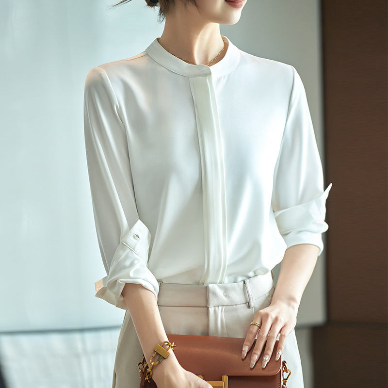 Heavy triacetate satin silk shirt women's round neck casual top long sleeve temperament women's clothing Heavy triacetate satin silk shirt women's round neck casual top long sleeve temperament women's clothing
