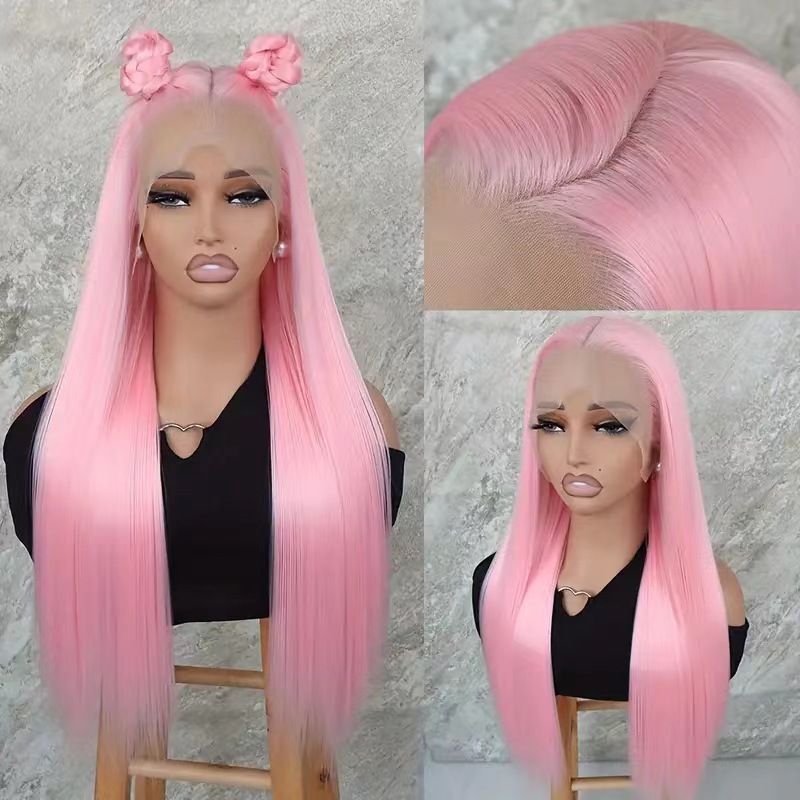 Peluca de encaje frontal de pelo largo y liso para mujer europea y americana transfronteriza, cubierta integral de fibra química transpirable natural y realista