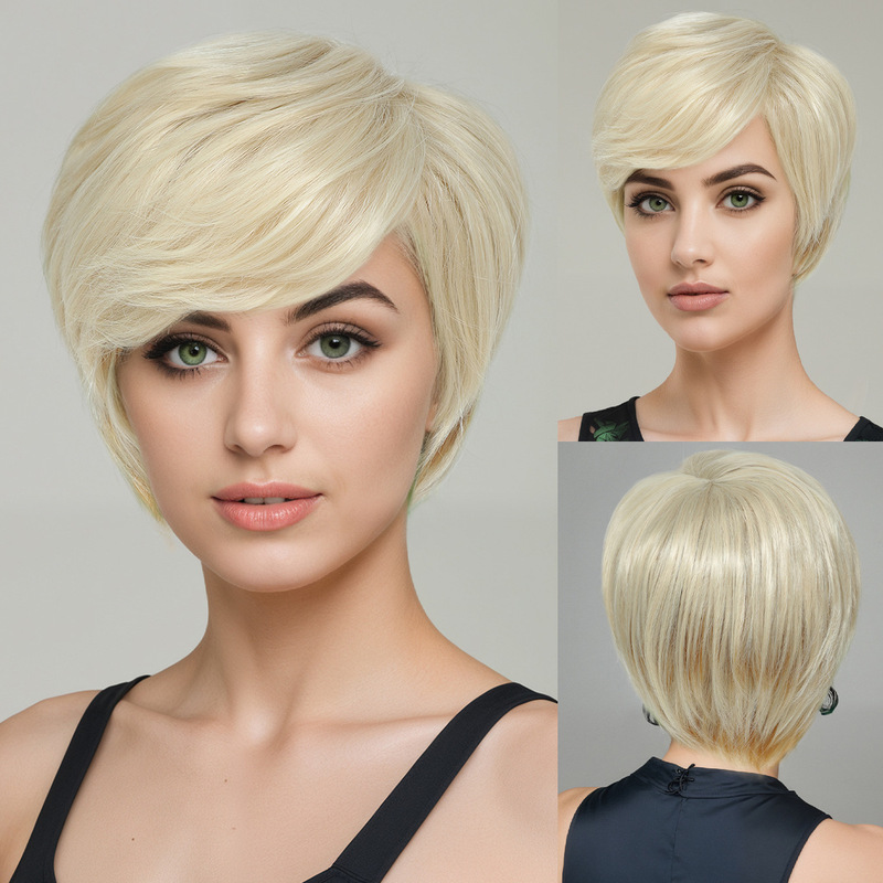 European and American Style Women's Wig with Slightly Slanted Bangs, Short Straight Hair, Realistic Hairpiece, Milky White Gradient Short Hair European and American Style Women's Wig with Slightly Slanted Bangs, Short Straight Hair, Realistic Hairpiece, Milky White Gradient Short Hair