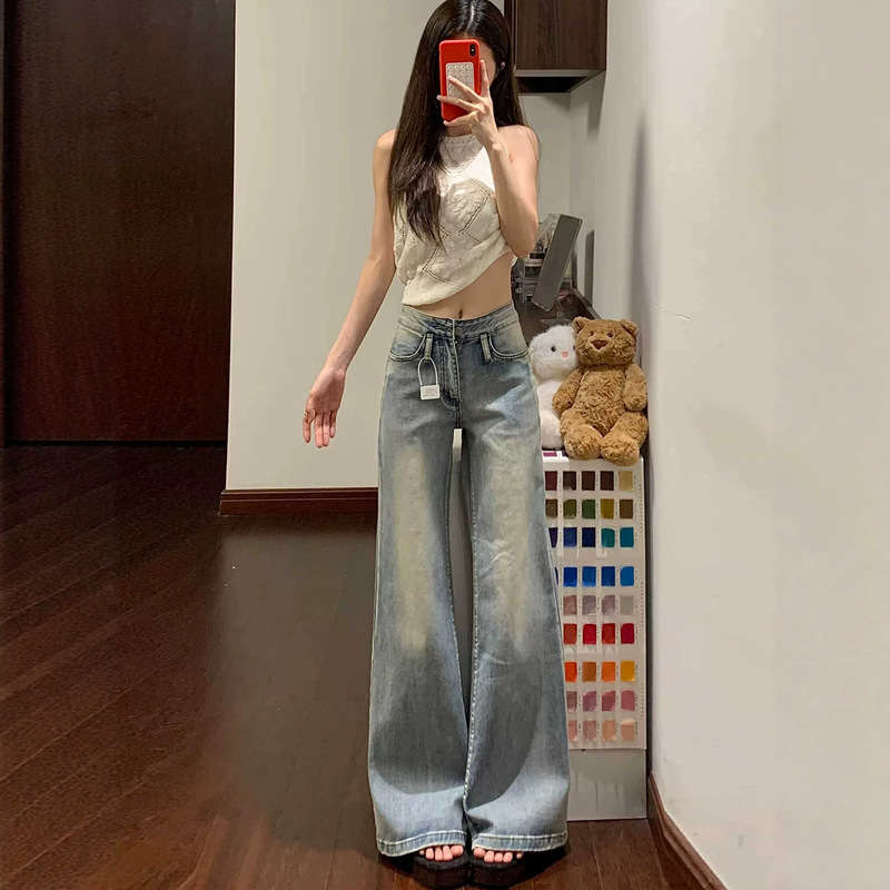 La Xiajia Autumn American Retro Loose Fit Flared Jeans for Women 2026 New Slimming Straight Leg Bell Bottoms