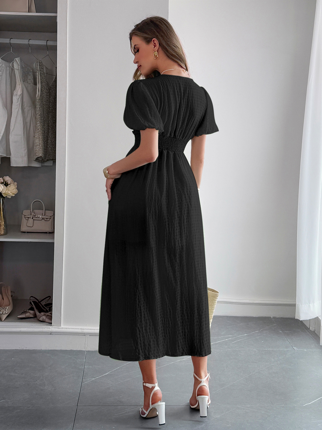327g Weight Midi Dress Dress Length Type Short Sleeve Sleeve Length Sheath Dress Dresses Type Polyester Fabric Type Mid Waist Waist Line Casual, Daily Occasion V Neck Neckline Slim Fit Type Solid Color Pattern Summer Season Women's Gender Vacation Style Wholesale Women's Vacation Solid Color Casual Daily V Neck Short Sleeve Sheath Dress 5