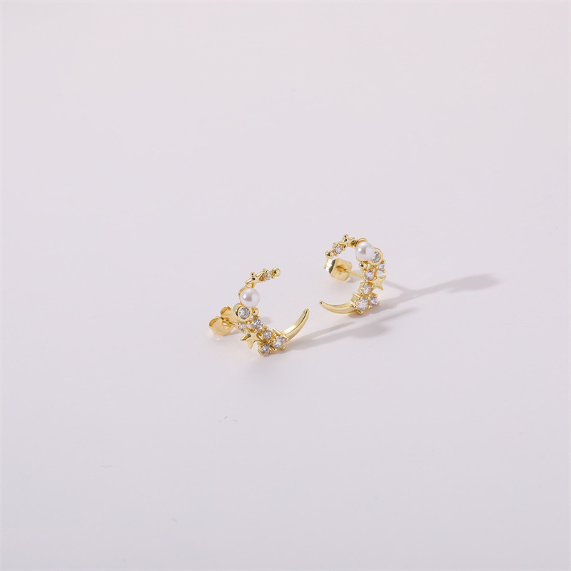 Fashion Star Moon Copper Plating Zircon Ear Studs 1 Pair