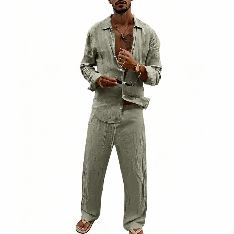 Unabhängige Website Herren-Freizeitanzug im amerikanischen Stil, locker sitzend, atmungsaktiv, aus Leinen, langärmeliges Hemd und gerade geschnittene Hose, für alle Jahreszeiten_voghion.com