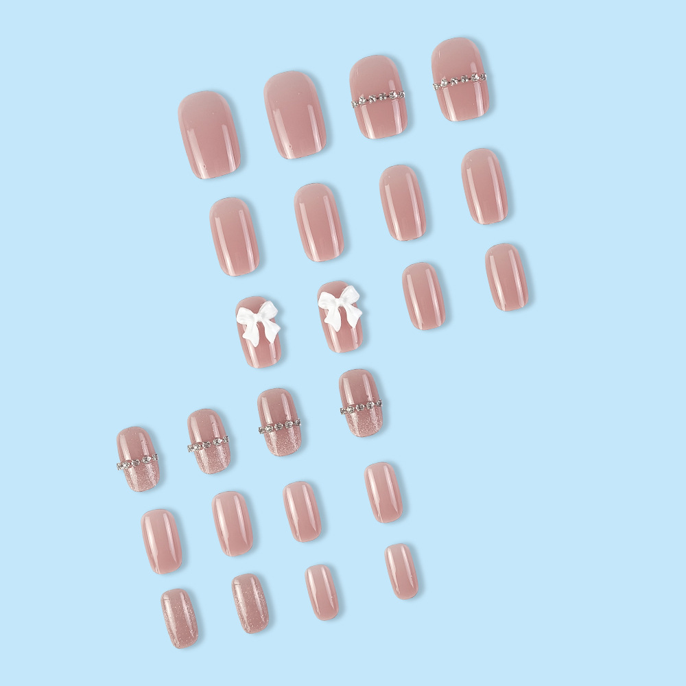 Parche de uñas postizas de ojo de gato de rosa desnuda, lazo, uñas de uñas blancas, 24 piezas, ropa corta tridimensional