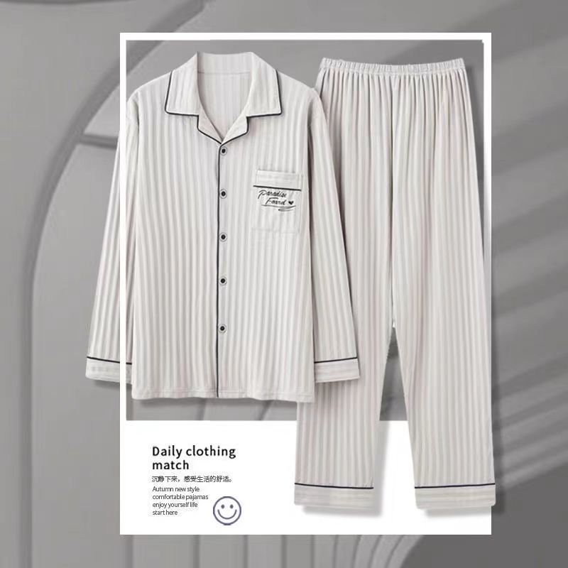 Pijama de algodón masculino primavera y otoño cardigan de manga larga suelta más grande se puede usar fuera del conjunto de ropa de casa