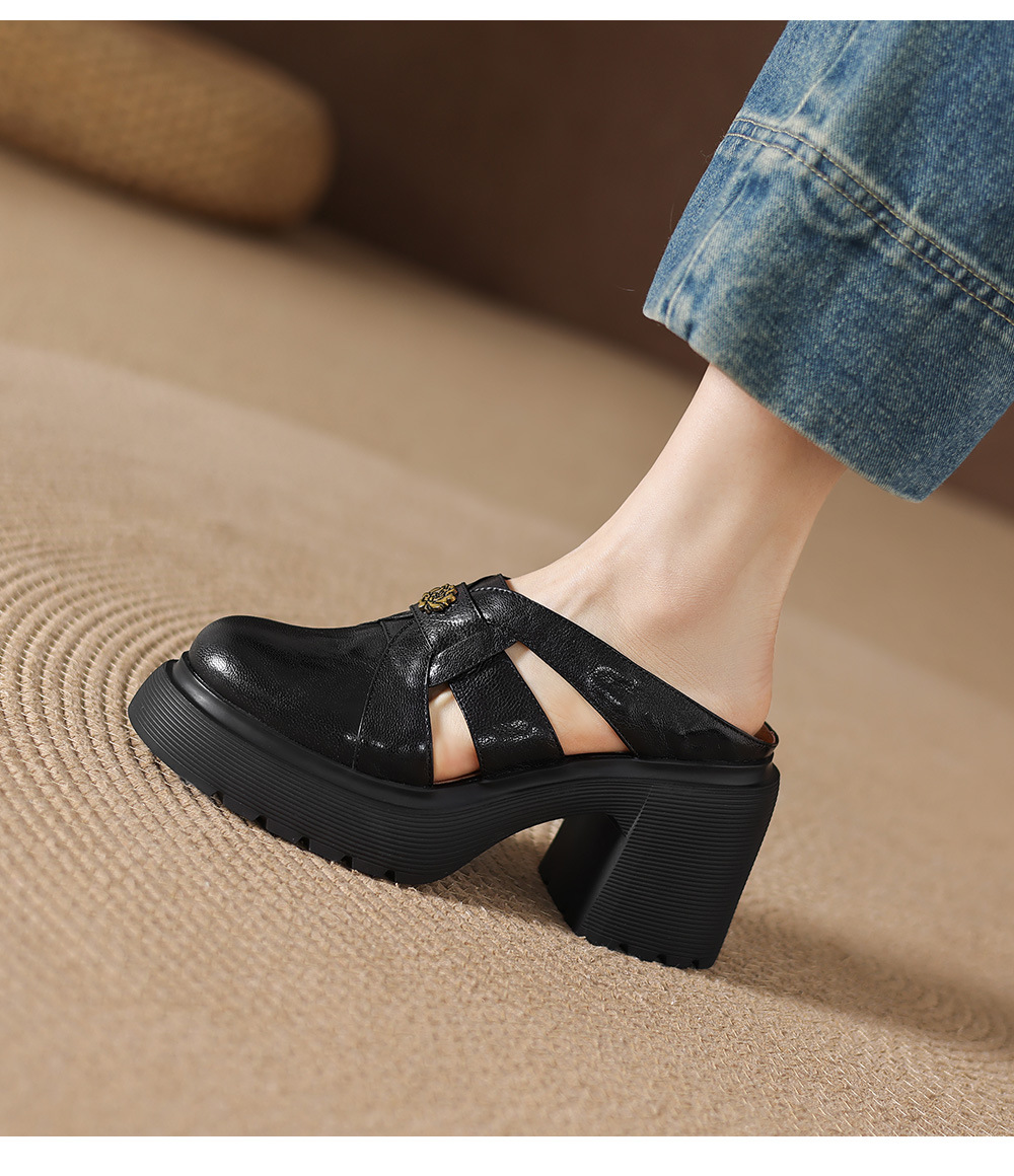 Sandal cao gót nữ mũi kín hở mũi đế dày gót thô 9 cm — màu đen, màu trắng ngà chi tiết 19