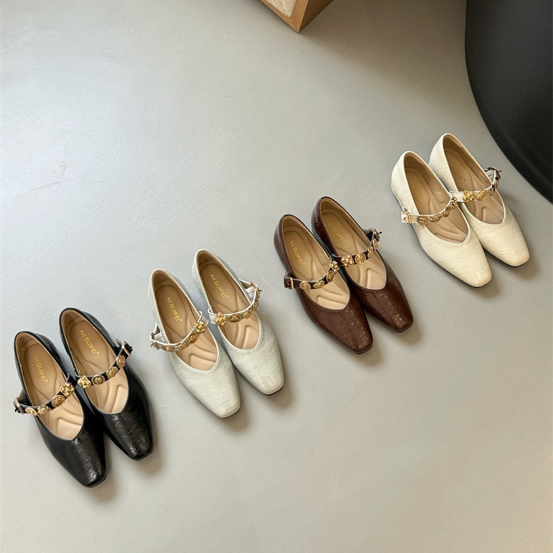 Korean style square head with Mary Jane shoes women's 2025 spring new fashion pleated soft bottom comfortable milk shoes