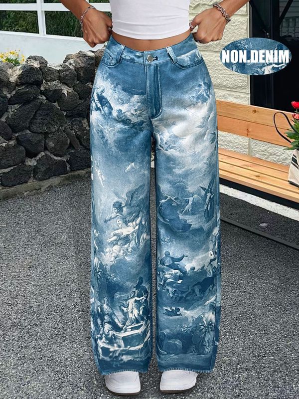 跨境欧美复古花卉阔腿牛仔裤女夏季中腰设计感小众印花直筒裤N021|undefined