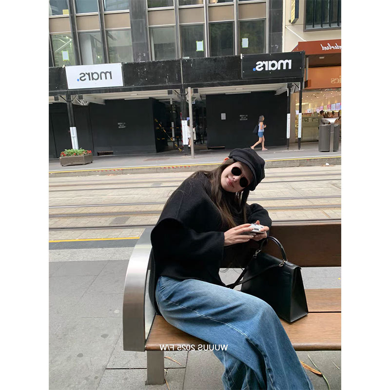 Wuuus [Grace] Autumn and Winter Atmosphere Comes with a Shawl Double-Sided Wool Outwear for Women Black Short Outwear