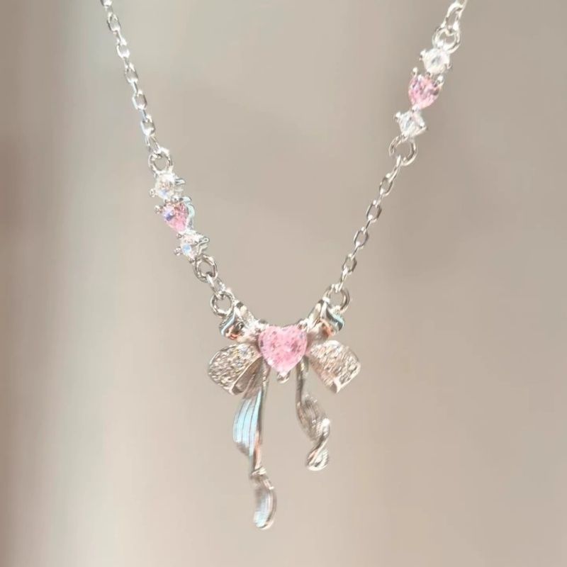 Girlish Pink Zircon Bow Pendant Necklace for Women, Sweet, Elegant, Exquisite Collarbone Chain, High-end Long Necklace