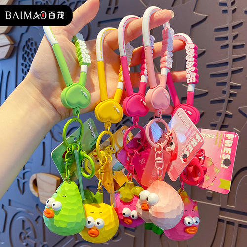 Baimao original resin wood carving style fruit and vegetable series keychain creative funny eye-catching peach key chain bag pendant