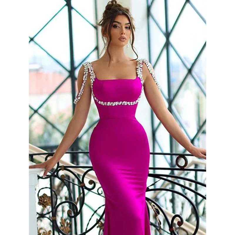 Cross-Border Women's Popular Amazon European and American Bandage Skirt Elegant Rhinestone Suspender Long Birthday Party Party Dress