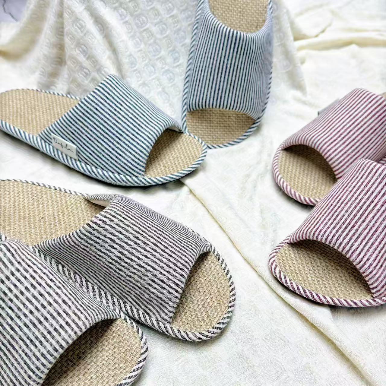 日系条纹良品拖鞋四季家居室内静音防滑不易沾灰亚麻透气吸汗布艺