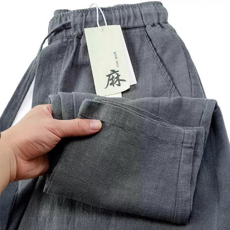 Men's Cotton and Linen Cropped Pants, Straight Loose Fit, Summer Thin Elastic Waist, White Chinese Style Casual Linen Pants for Men