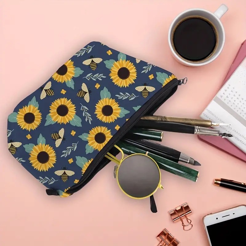 Transfronterizos Amazon damas bolsas de maquillaje encantadoras creativas bolsas de maquillaje de día de abejas bolsas de almacenamiento de lino bolsa de cremallera impermeable
