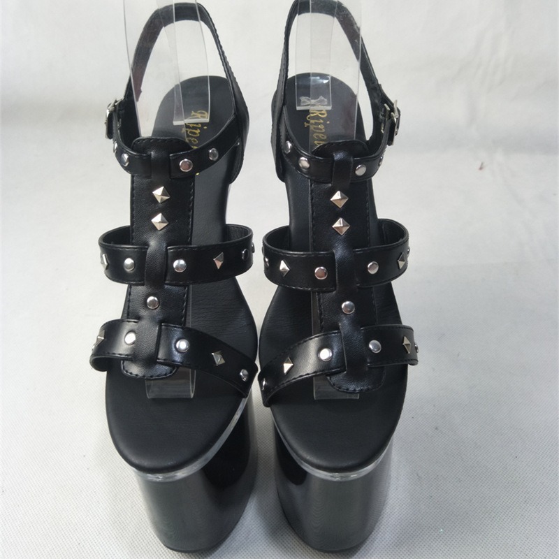 18cm zapatos de boda de tacones altos negros zapatos de moda de club de verano nuevos tacones gruesos huecos sandalias de dedo de fuga de verano para mujeres