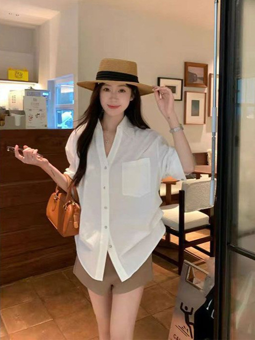 韩系设计感V领白色衬衫女装早秋新款老钱风宽松显瘦收腰百搭上衣|undefined