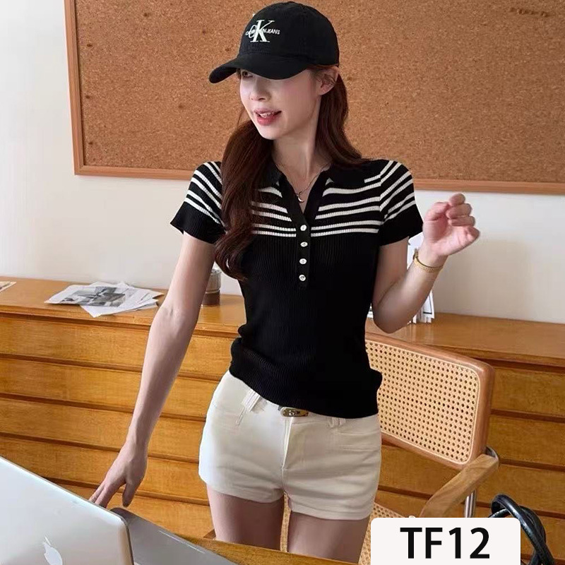 High-End Casual Contrast Stripesd Polo Top T-Shirt Right Shoulder Factory Wholesale Export Cross-Border Short-Sleeved Knitwear