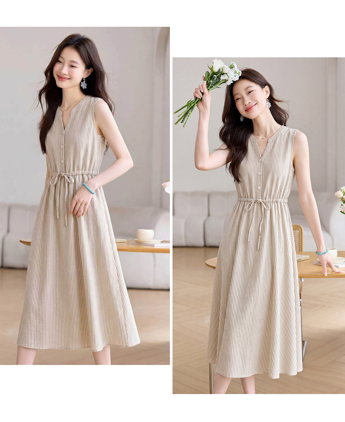 Đầm maxi nữ thắt eo cổ V rút dây, dáng chữ A trung niên mùa hè — Sọc Tây Tạng, Lưới đỏ, Sọc kaki chi tiết 18