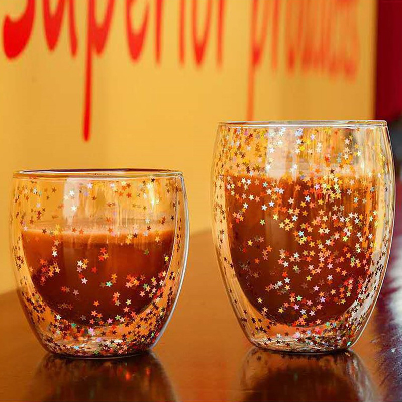 Copa de bebida cielo estrellado brillante de doble capa de vidrio borosilicato de doble capa de vidrio láser estrella de lentejuelas