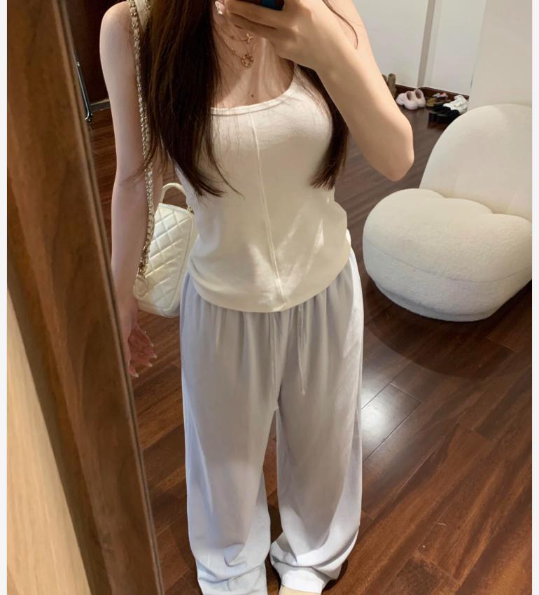 Quần culottes nữ ống rộng chất liệu linen phong cách lão tiền — xanh lam, màu hồng, màu trắng chi tiết 3