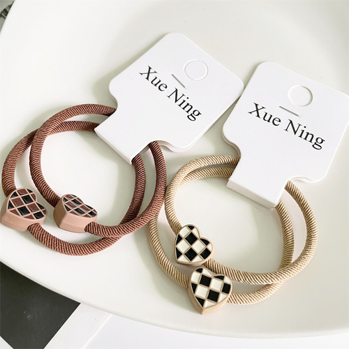  Autumn/Winter New Checkered Heart Beige Series Hair Tie Ring Headband Korean Style Basic Simple Matchable Carded Hair Accessory