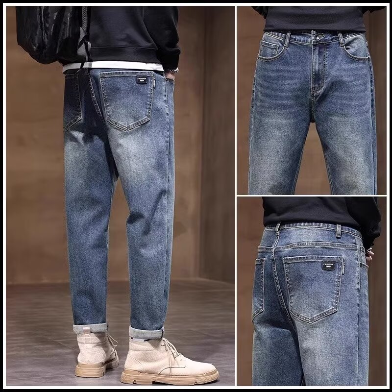 2024 otoño nuevos hombres estilo americano retro lavado de pierna ancha jeans-escalera amarilla-N929-T032-P45