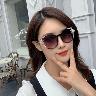 2024跨境新款猫眼太阳镜欧美镶钻太女士防紫外线大框显瘦遮阳眼镜
