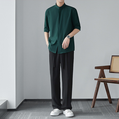 New Chinese-style stand-neck mid-sleeve shirt for men in early spring new niche shirt with ice silk hanging mid-sleeve shirt white