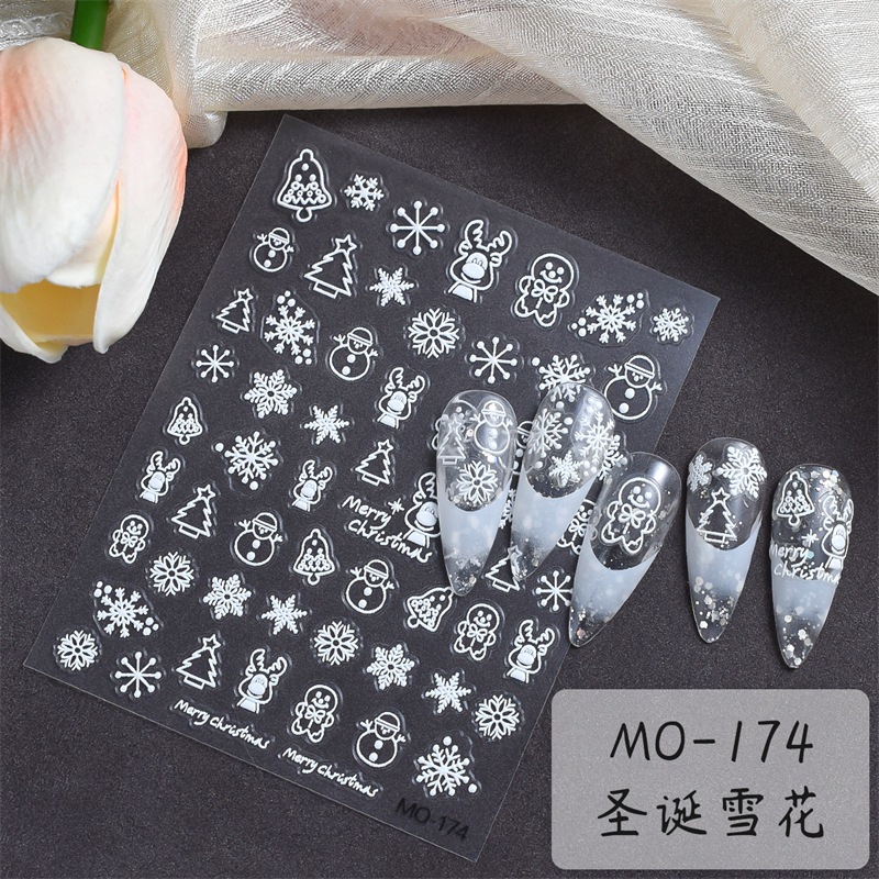 Nueva Navidad hueco copo de nieve uñas alivio pegatinas blanco lindo alzo 3D uñas pegatinas Santa Claus