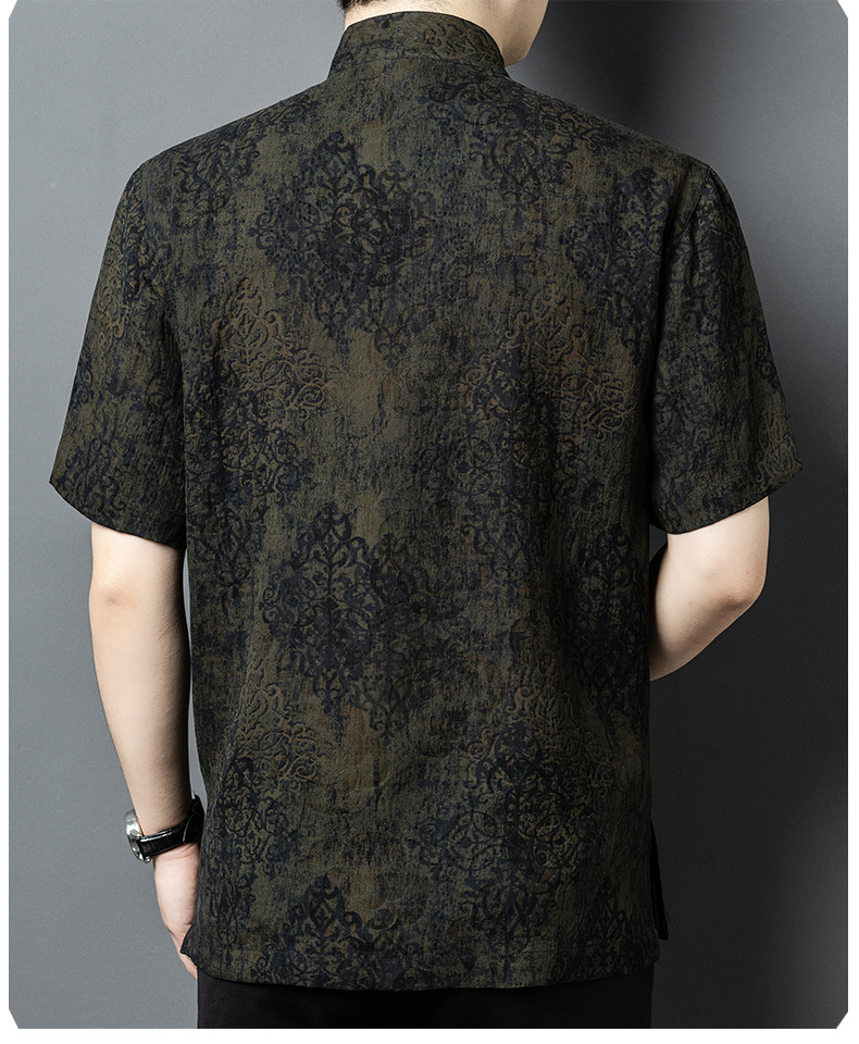 Áo sơ mi nam tay ngắn cổ đứng kiểu Trung Hoa lụa tơ tằm Mulberry Silk — Quân đội xanh 625179 chi tiết 13