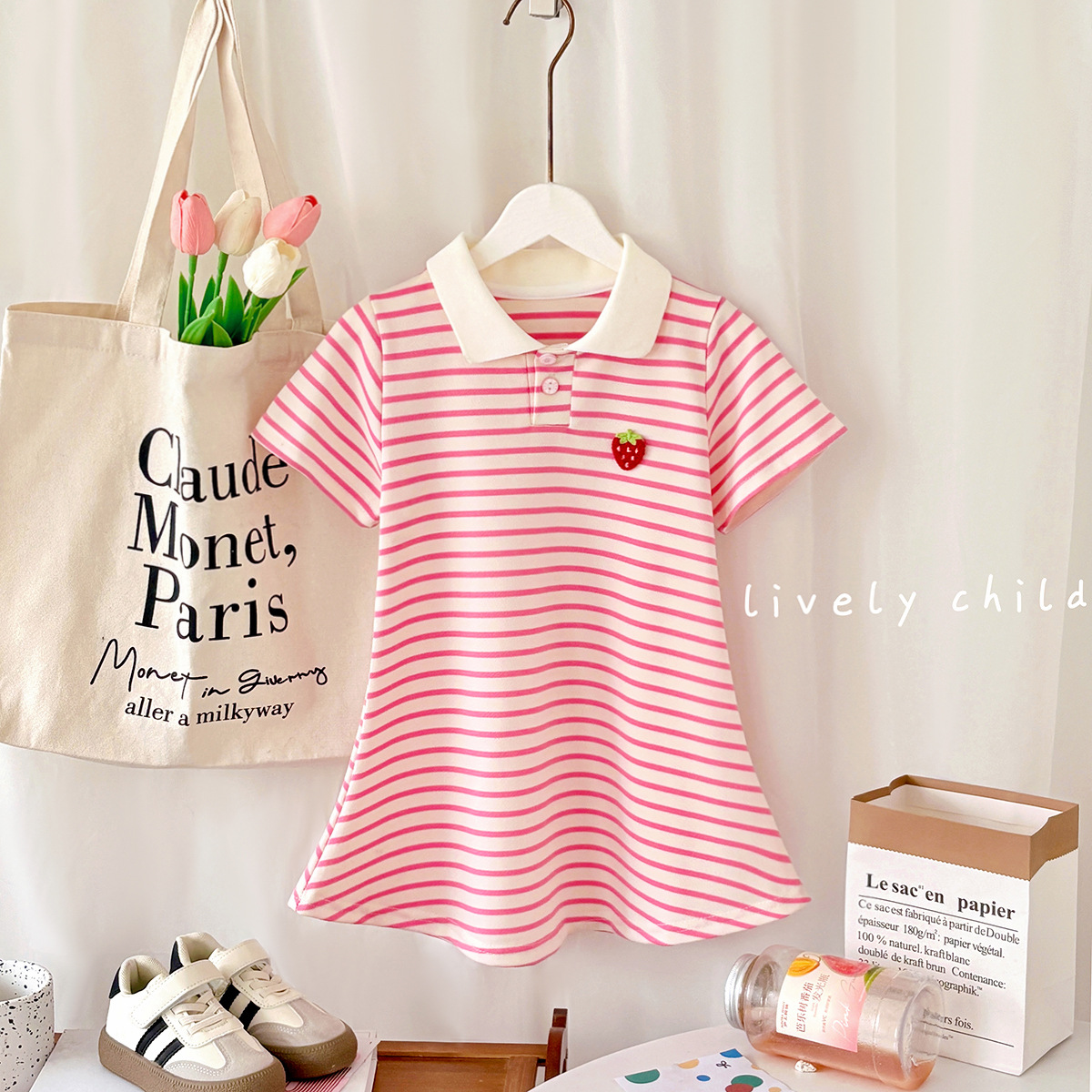 Vestido de verano de manga corta con rayas dulces estilo universitario, camisón de verano, falda de verano lista para usar para niñas.