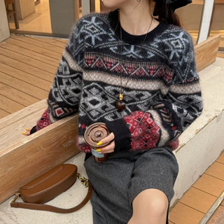 时尚复古丝羊绒拉毛毛衣女秋冬新款女装撞色提花圆领羊毛针织衫厚