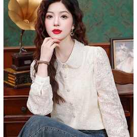 法式重工钉珠小香风娃娃领蕾丝衬衫2025新款春季气质长袖衬衣上衣