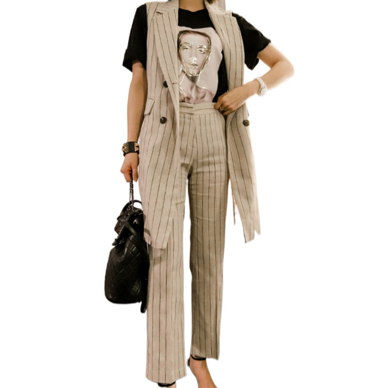 Cross-border 2025 estilo coreano delgado traje cuello a rayas chaqueta sin mangas cintura delgada pantalones de cadera traje de dos piezas