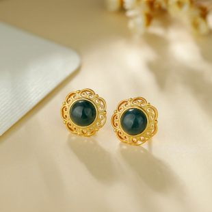 S925. Silver Plated with Blue Water Jade A Goods Egg Noodles Ruyi Lace Ethnic Vintage Hollow Women's Earrings