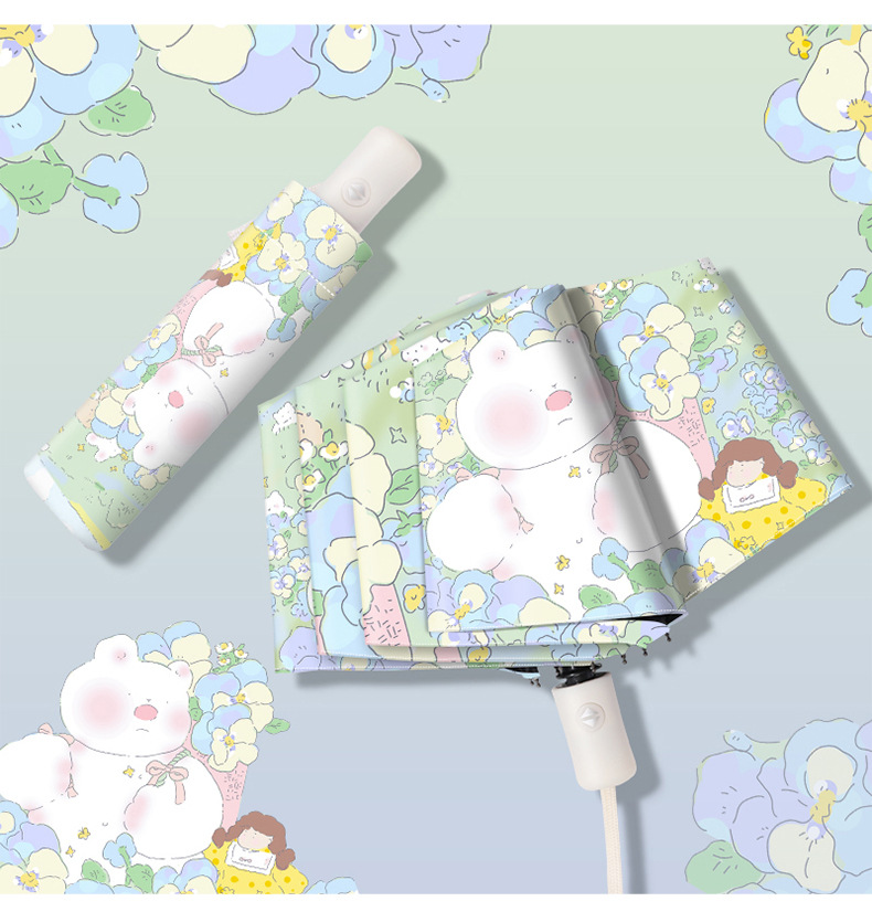Wholesale fully automatic three-fold umbrellas, cartoon digital folding umbrellas, black rubber UV protection, sun protection and shade sun umbrellas pic 13