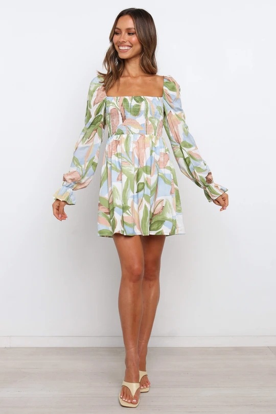 printed square neck waist long sleeve dress Nihaostyles wholesale clothing vendor NSCX72539