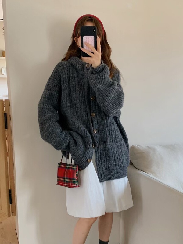 美式复古慵懒风连帽毛衣外套女秋冬季新款学院风宽松休闲针织开衫|undefined