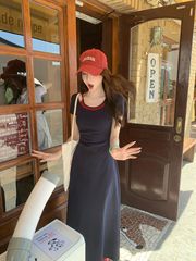 2025韩系纯欲日常显瘦撞色假两件连衣裙女夏设计感气质休闲氧气长