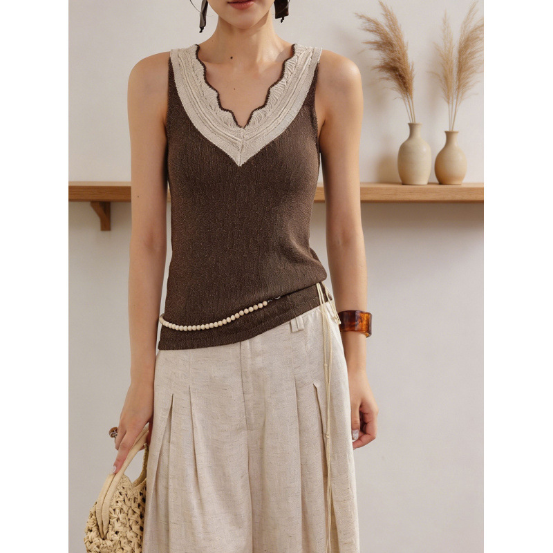 7948 Summer Casual Thin Sleeveless Vest with Multi-Layered Wavy V-Neck, Contrasting Color Trim, Slim Fit, Slimming Knit Top