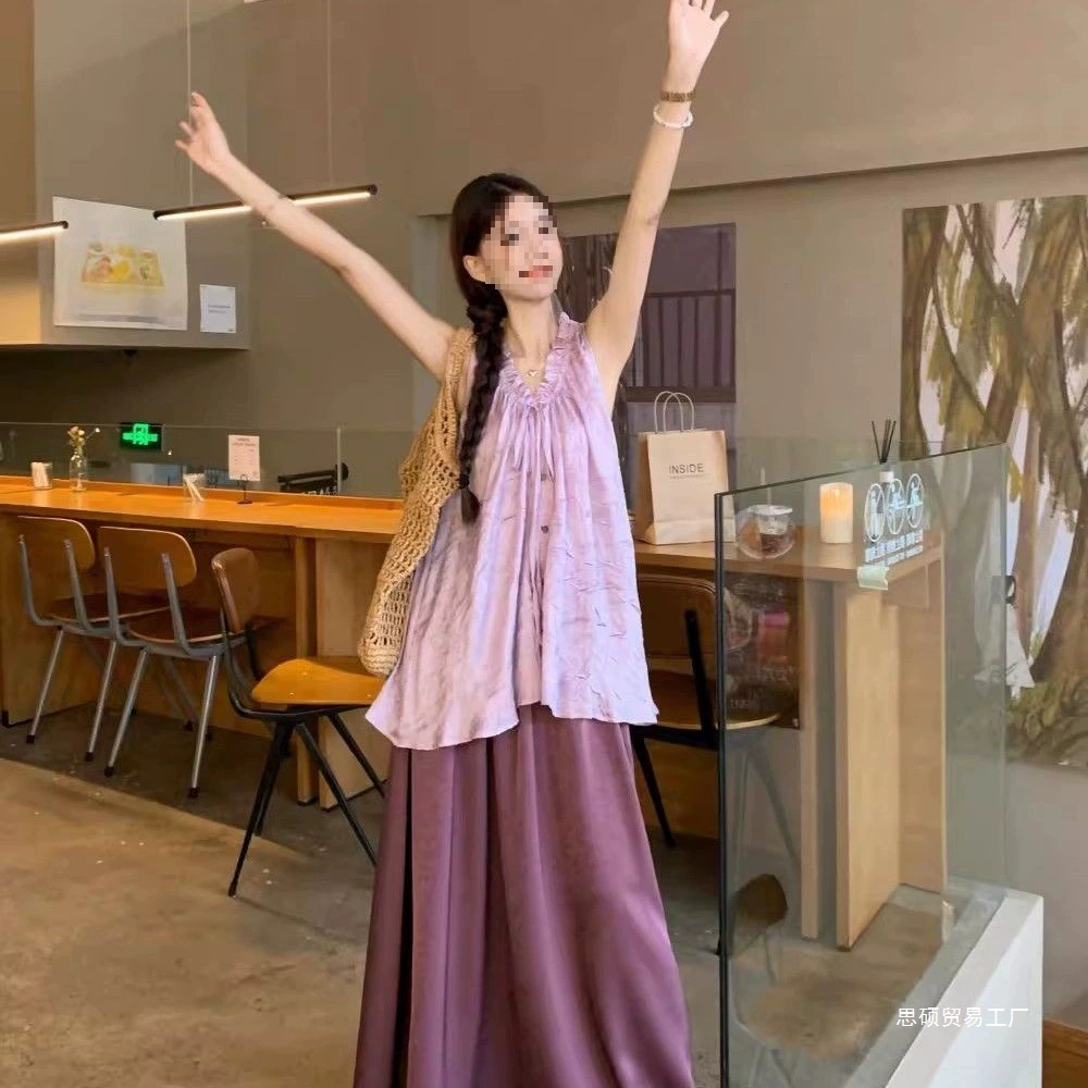 Французский ретро-костюм: текстурированная плиссированная блузка и юбка-миди, летний комплект из двух предметов для женщин