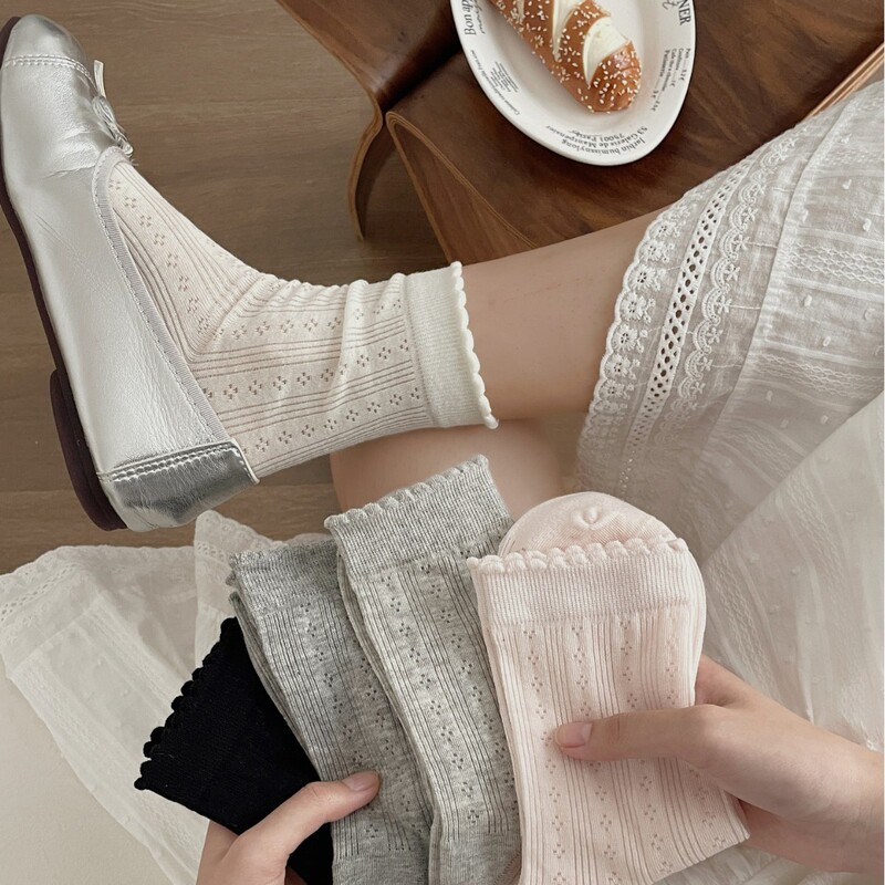 White Socks Spring and Summer Thin Mesh Breathable Stockings Pure Color Lace Bubble Mouth Ballet Style Mid-Calf Socks Ultra-Thin