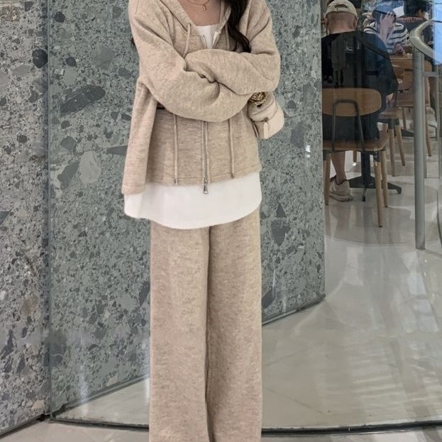 秋季套装女2025年新款休闲时尚假两件连帽卫衣宽松阔腿裤两件套|undefined