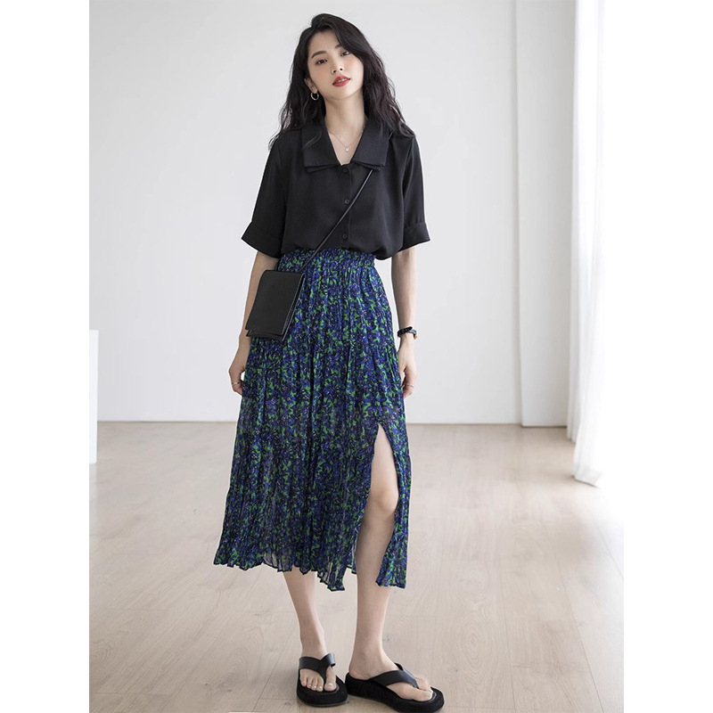 French Blue Floral Pleated Skirt Chiffon Skirt Women's Summer Small High Waist A- Line Split Long Skirt Skirt French Blue Floral Pleated Skirt Chiffon Skirt Women's Summer Small High Waist A- Line Split Long Skirt Skirt