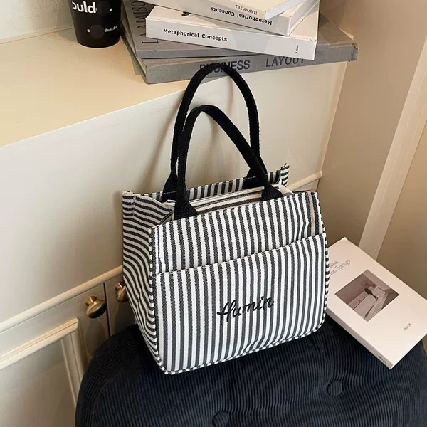 Japanese-Style Minimalist Striped Canvas Tote Bag, Portable Lunch Box Bag for Office Workers and Students, Mommy Tote Bag