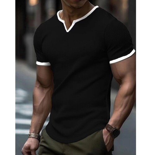 Summer Solid Color Two-Piece Base Shirt Elastic Men's T-Shirt Men's Short Sleeve Tight V-Neck Slim Fit Breathable Gray