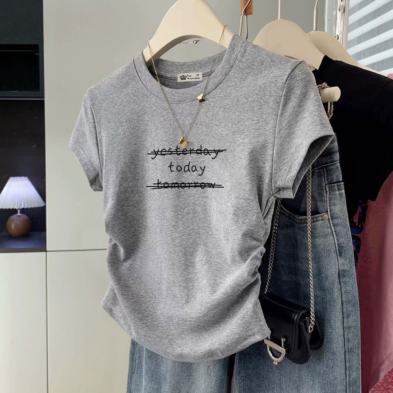 Round Neck T-Shirt for Women 2026 Summer New Korean Style Cartoon Print Pleated Slim-Fit Short-Sleeve Top Ins